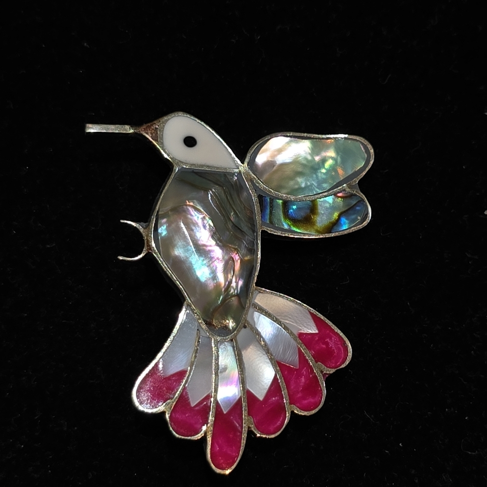 Mexican Silver Hummingbird Brooch Pin with Abalone and Pink & White Shell